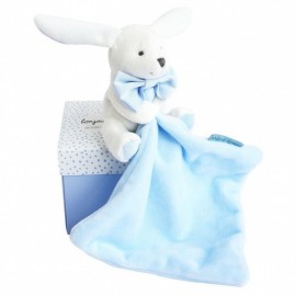 Doudou lapin mouchoir bleu boite fleur - Doudou et Compagnie