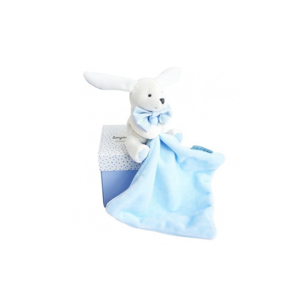 Doudou lapin mouchoir bleu boite fleur - Doudou et Compagnie